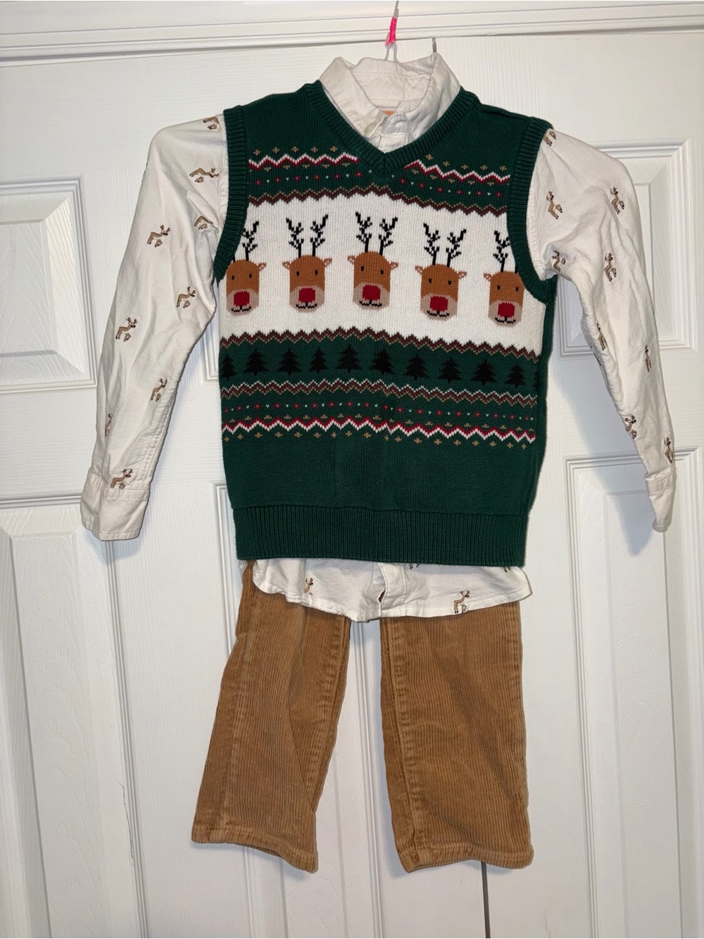 Gymboree Boys 3pc Reindeer Sweater Vest Shirt Corduroy Pants Size 7